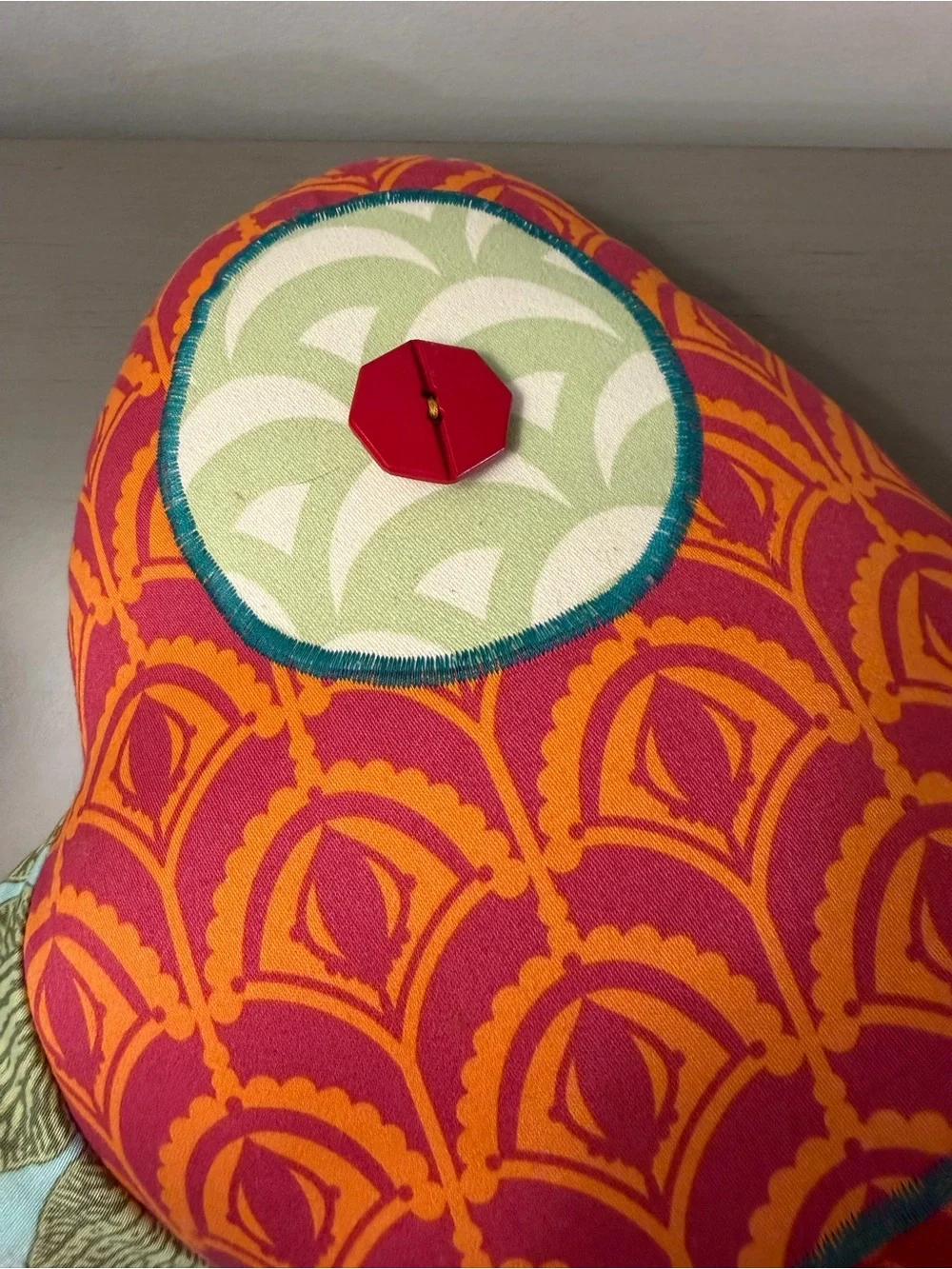 Handmade Patchwork Bird Accent Pillow Boho Folk Art Whimsical Bird Button Eye